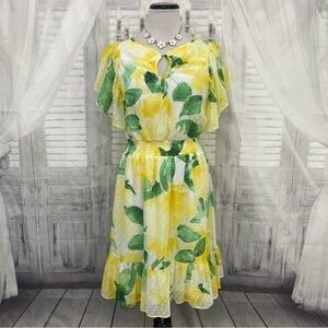 DKNY Sz 6 Yellow Green Chiffon Flutter-Sleeve Clip-Dot Smock-Waist Dress Ruffle